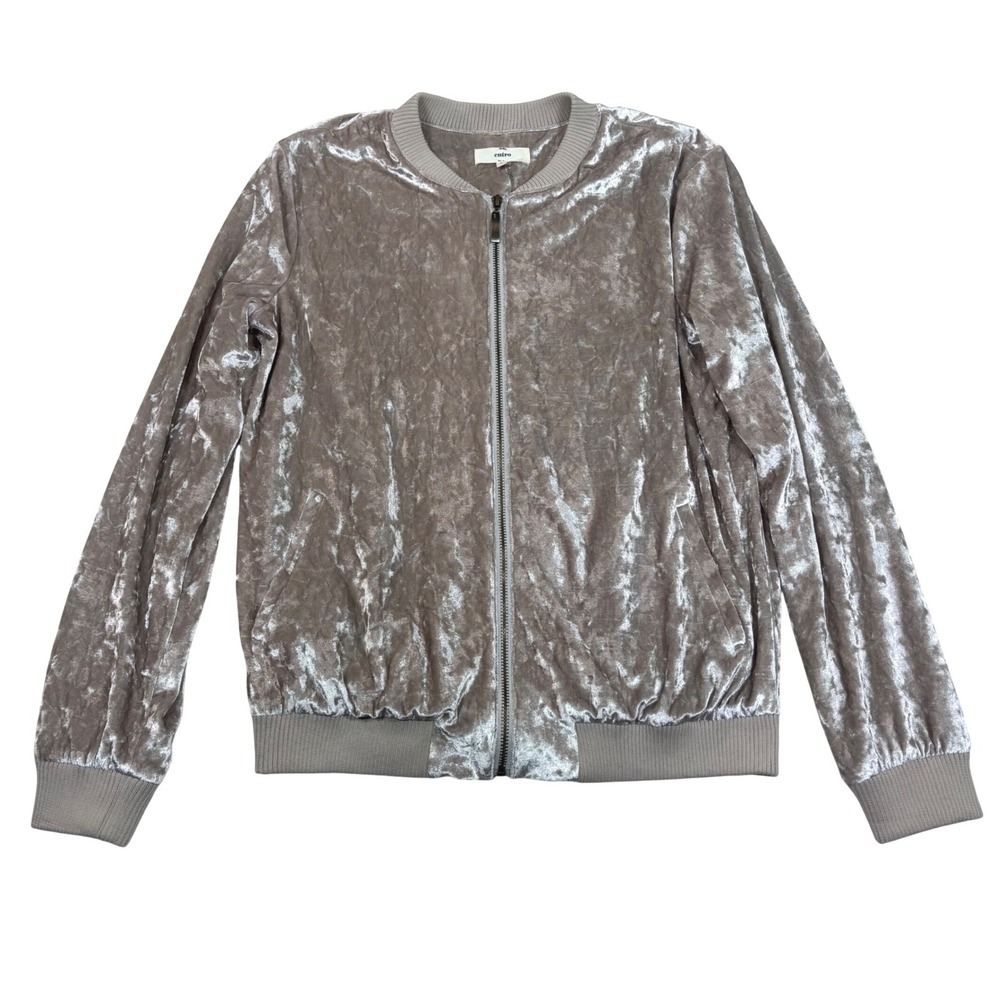 Entro Womens Taupe Crushed Velvet Bomber Jacket Silver Zip Up J8168 Size S Y2K